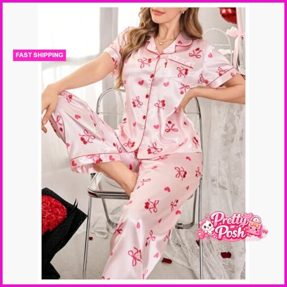 Women's Satin Pajama Set Button Down Short Sleeve Pants Sleepwear - Picture 5 of 6